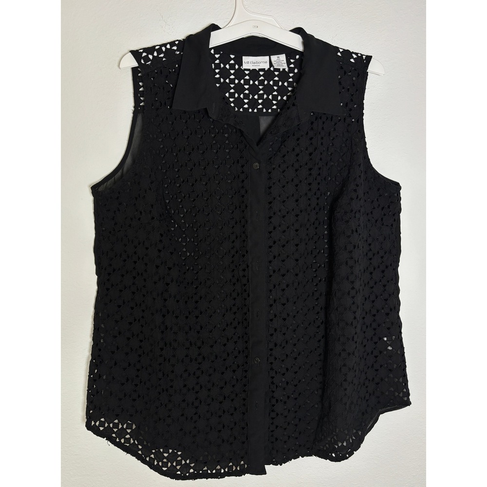 Liz Claiborne Black‎ Eyelet Lace Sleeveless Button Down Shirt Top Plus 1X